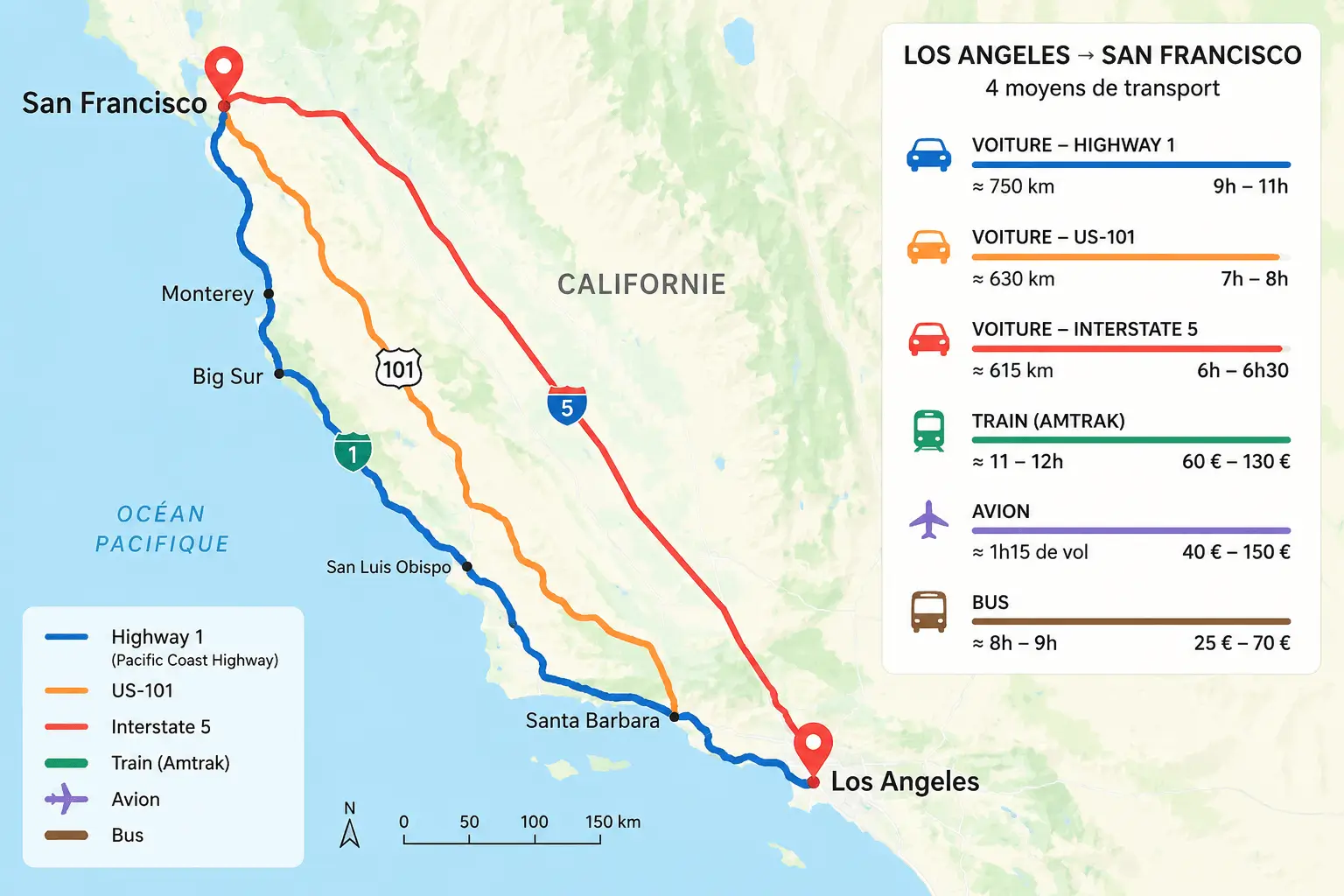 Carte de la distance entre Los Angeles et San Francisco avec les principaux itinéraires en voiture, train, avion et bus