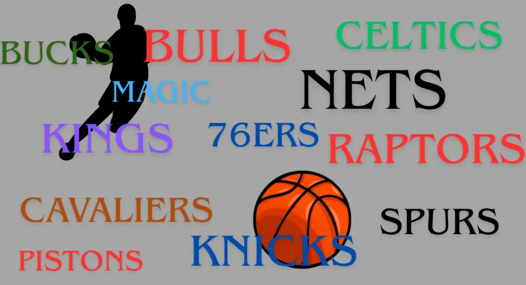 Noms des principales équipes NBA comme Bulls, Celtics, Knicks, Raptors, Cavaliers ou Nets, avec ballon de basket en arrière-plan