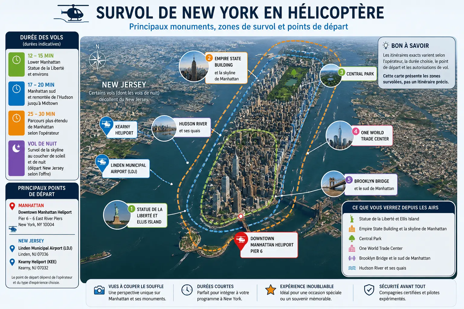 Carte des circuits en hélicoptère à New York : vol 15 minutes, vol 20 minutes et vol 30 minutes