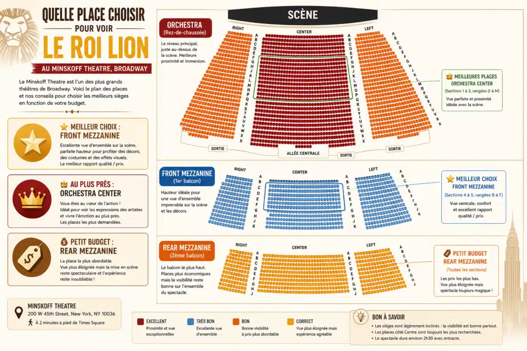 Plan simplifié des catégories de places du Minskoff Theatre pour voir la comédie musicale Le Roi Lion à Broadway, avec les zones Orchestra, Front Mezzanine et Rear Mezzanine.