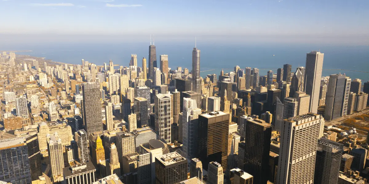 Skyline de Chicago vue depuis un hélicoptère au-dessus de la ville